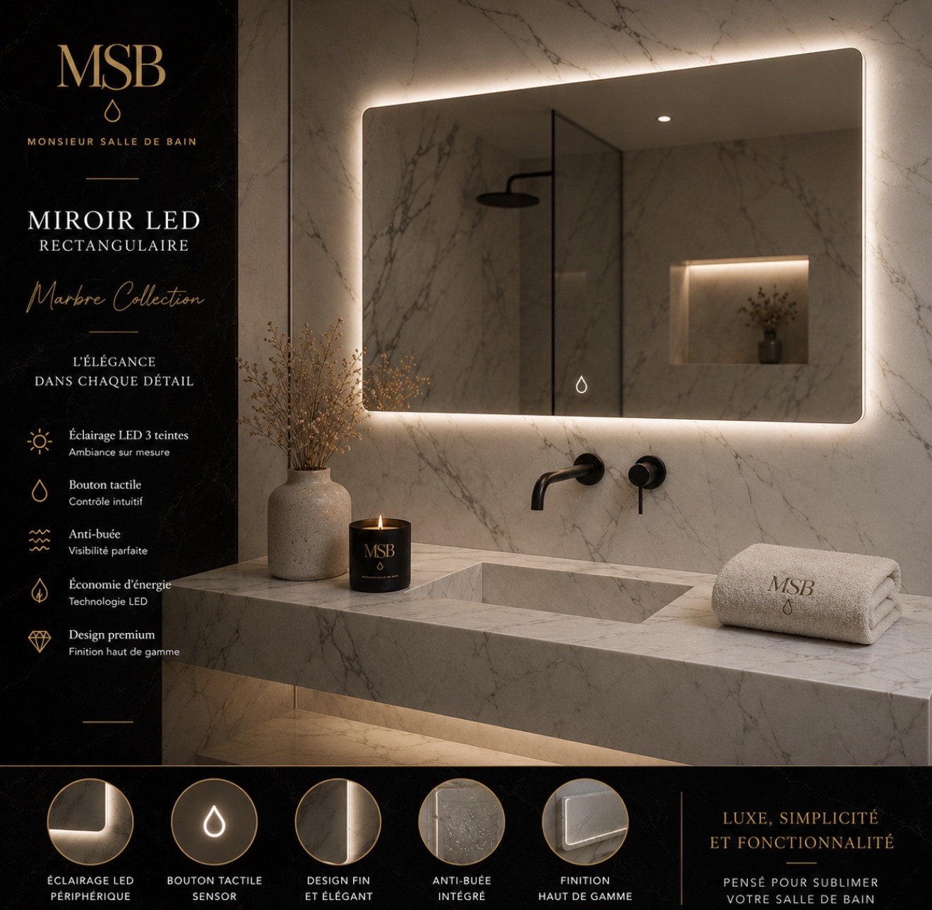Miroir LED Rectangulaire — Marbre Noir