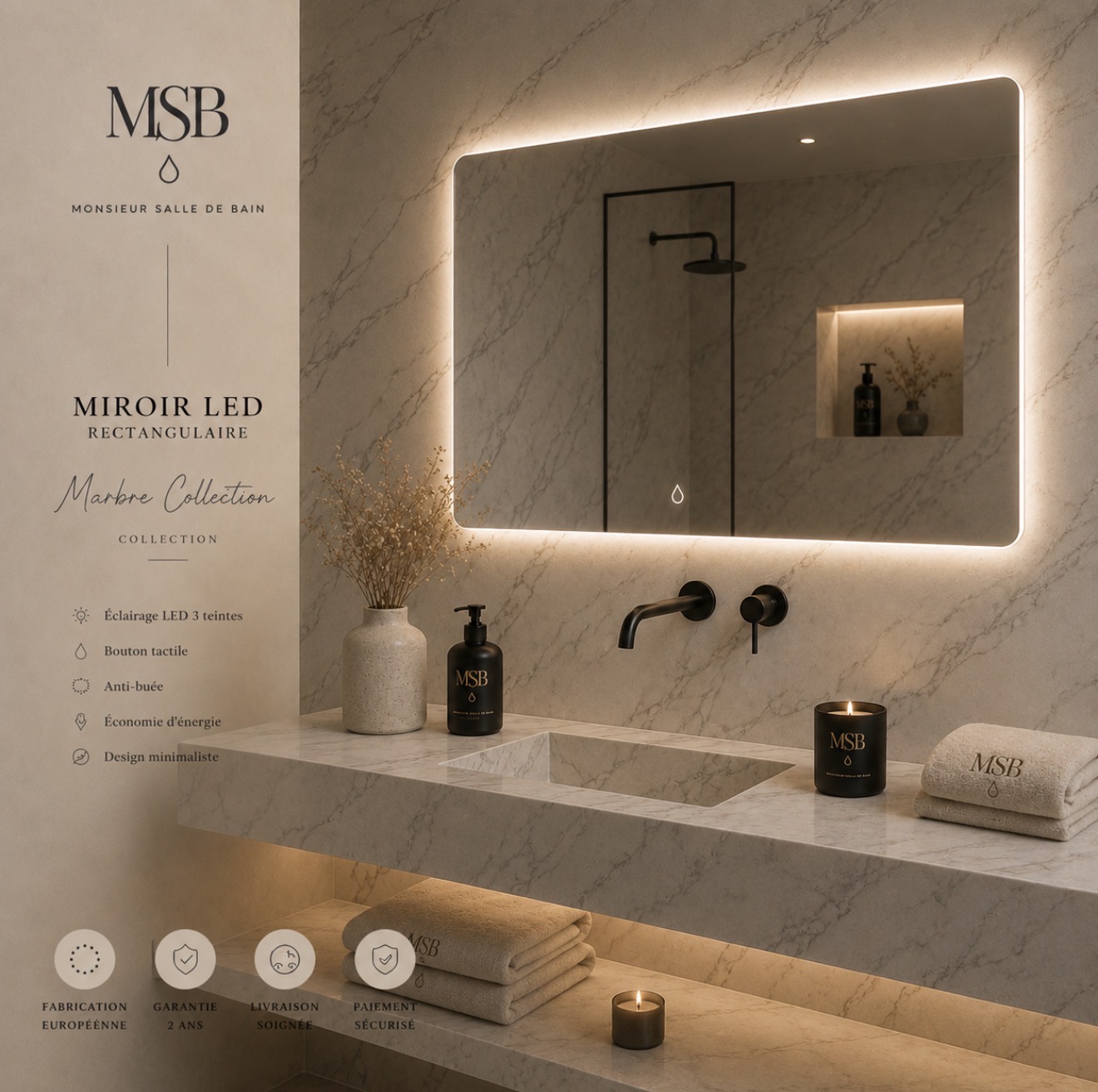 Miroir LED Rectangulaire — Marbre Blanc