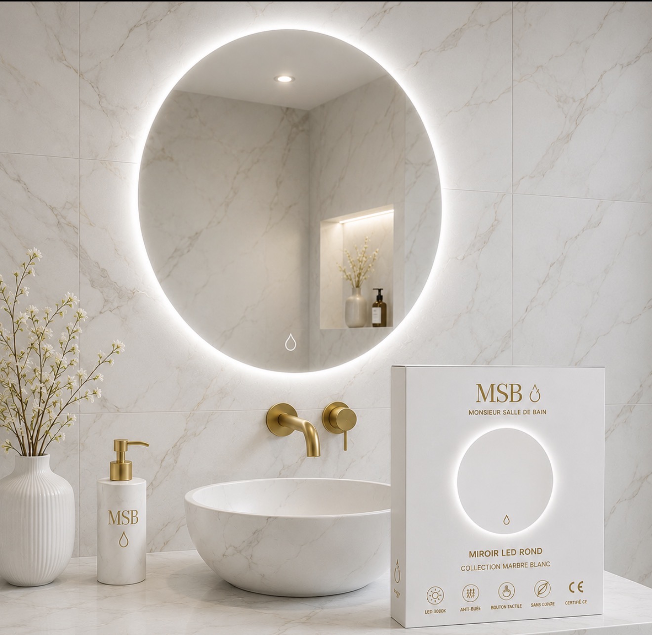 Miroir LED Rond — Marbre Blanc & Or