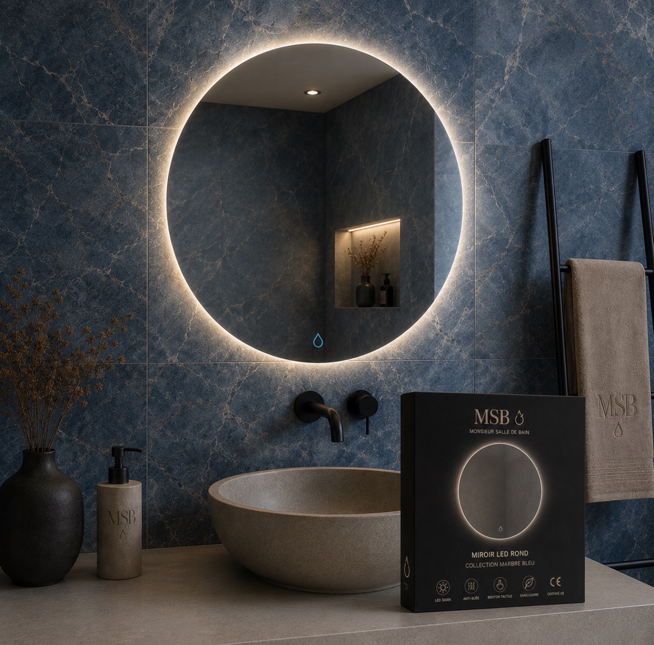 Miroir LED Rond — Marbre Bleu