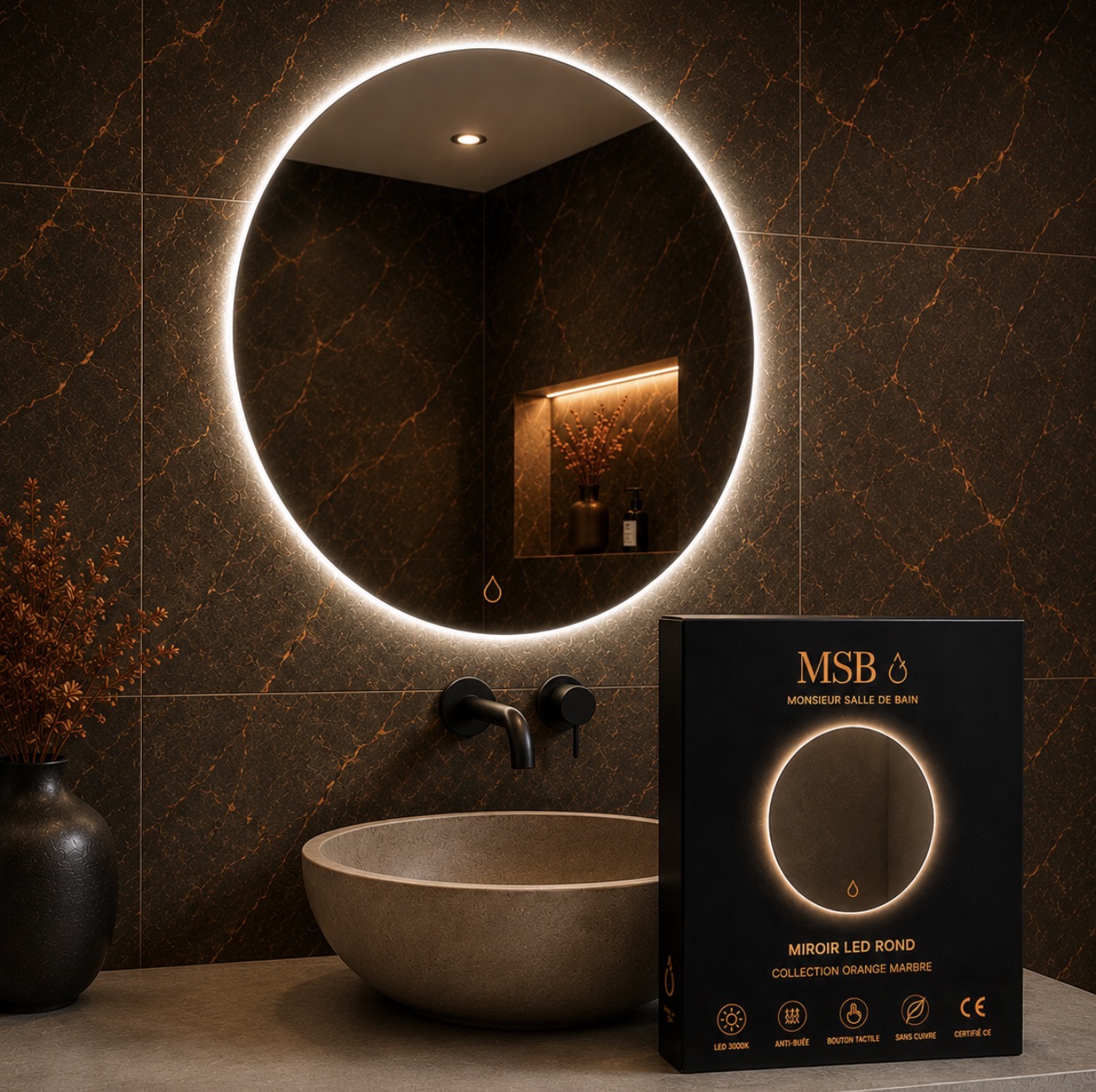 Miroir LED Rond — Orange Marbre