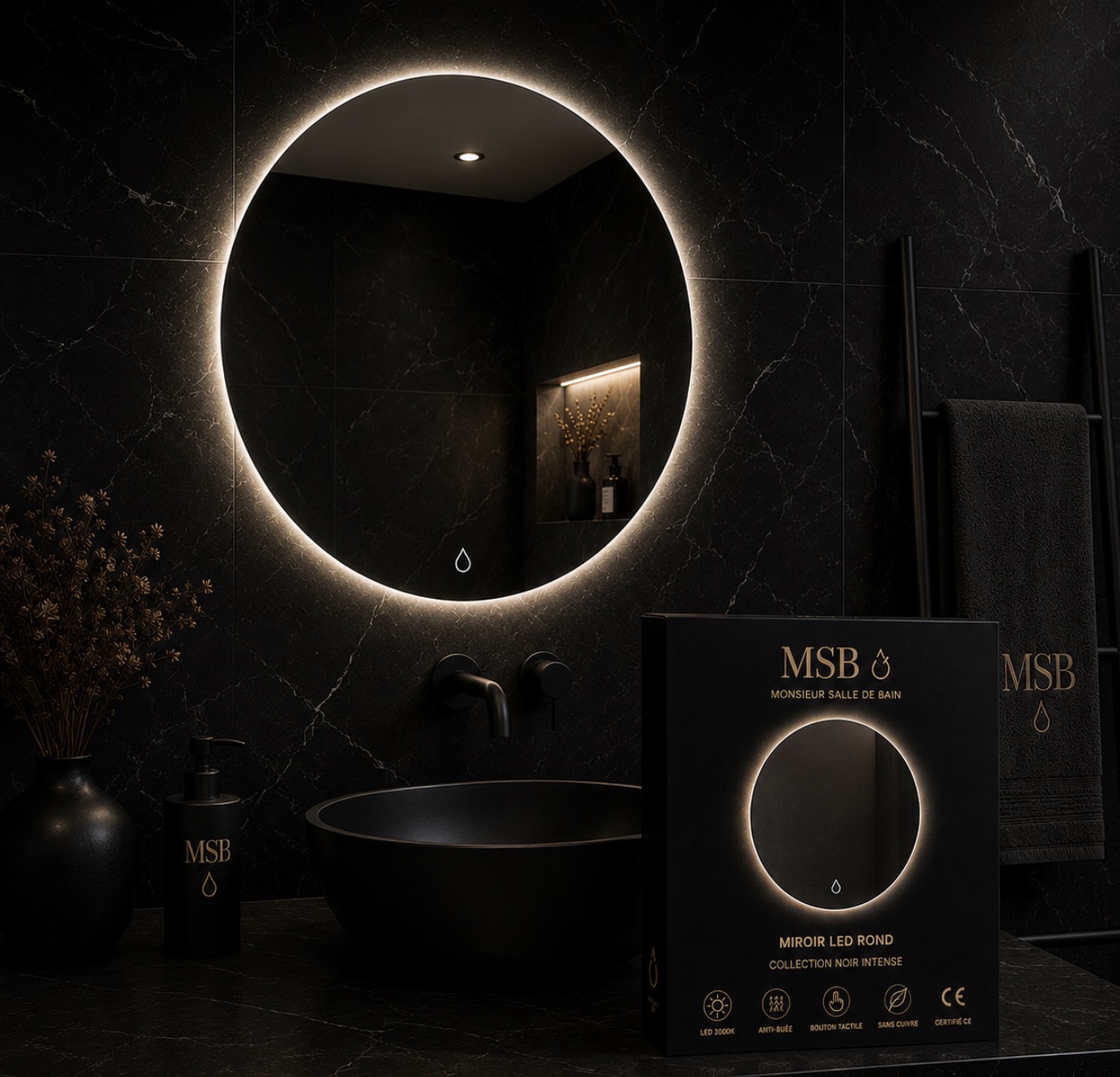 Miroir LED Rond — Noir Intense