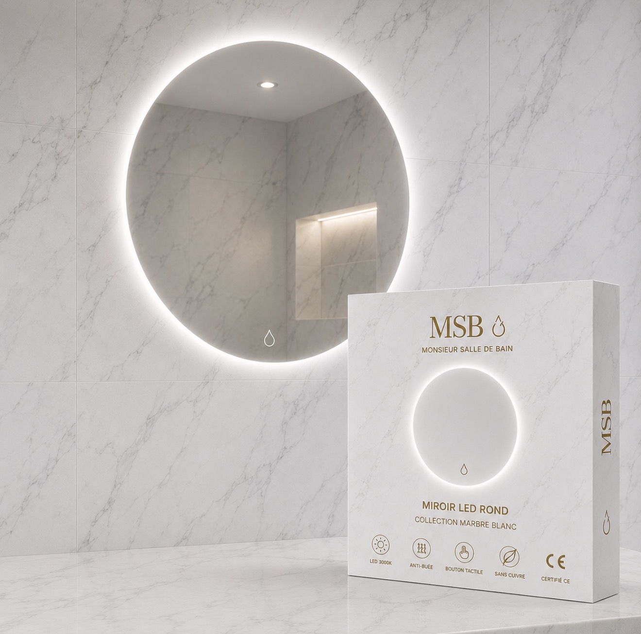 Miroir LED Rond — Marbre Blanc