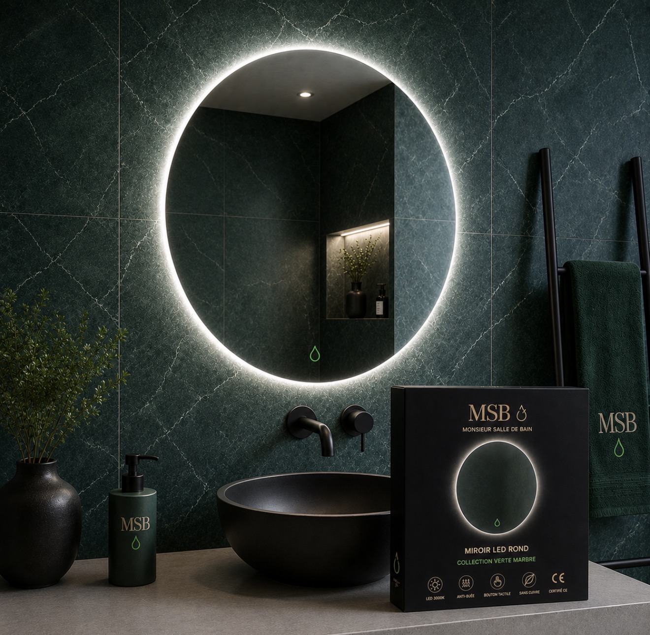 Miroir LED Rond — Vert Marbre