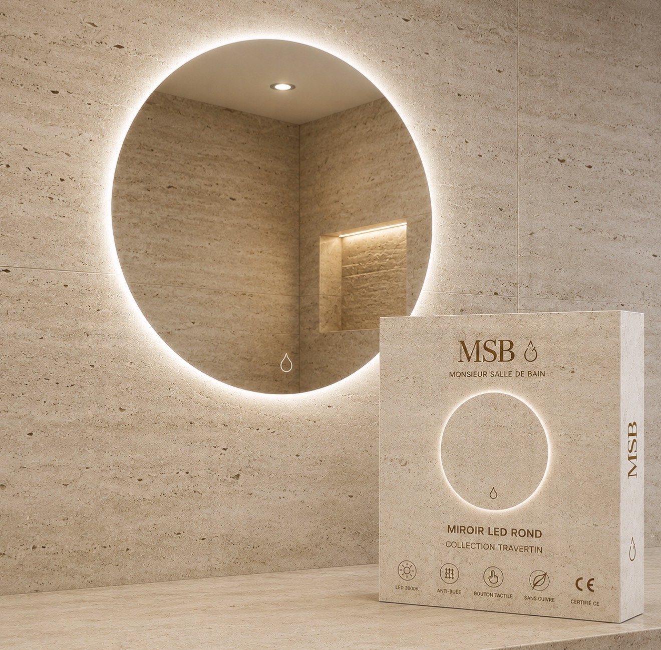 Miroir LED Rond — Travertin