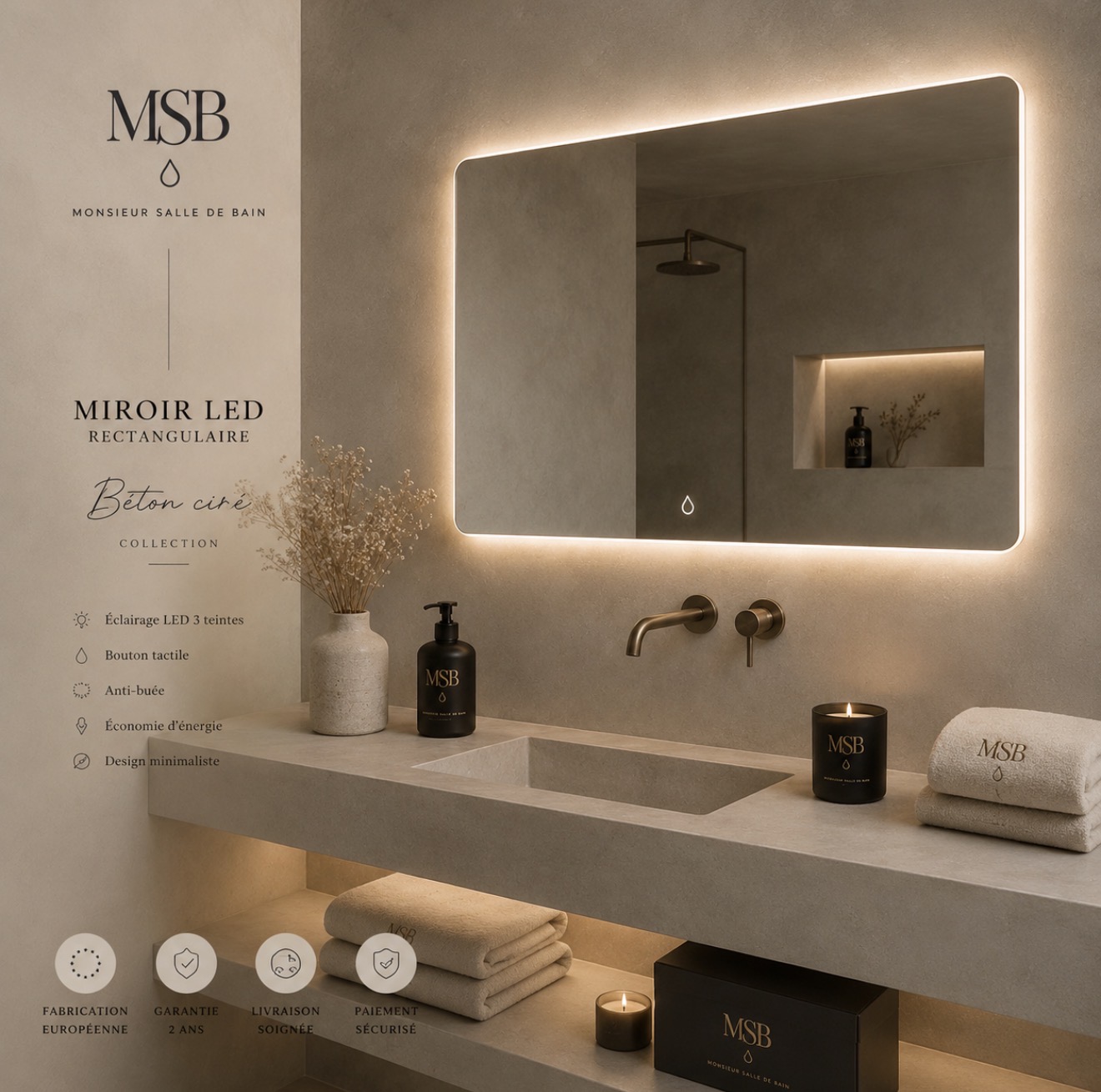 Miroir LED Rectangulaire — Béton Ciré